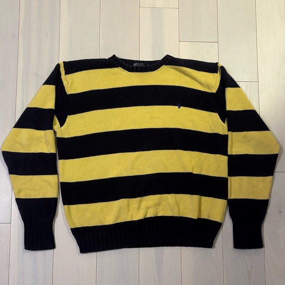 🔵VINTAGE🔵 Polo by Ralph Lauren Men's Crewneck Sweater - Navy and Yellow Stripes - Picture 2 of 8
